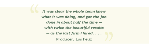 It was clear the whole team knew what it was doing, and got the job done in about half the time--with twice the beautiful results--as the last firm I hired... Producer, Los Feliz